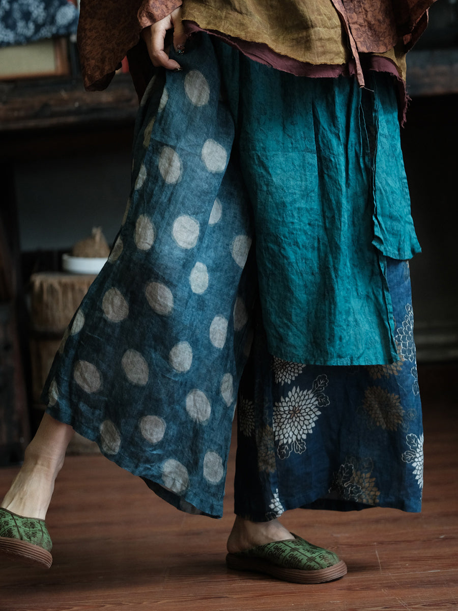 Plus Size Women Summer Retro Dot Spliced Wide-leg Ramie Pants