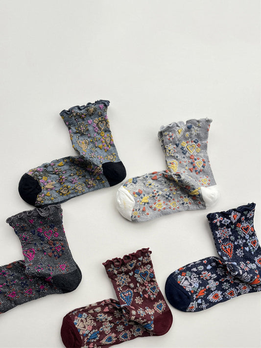 5 Pairs Women Heart Jacquard Cotton Short Socks