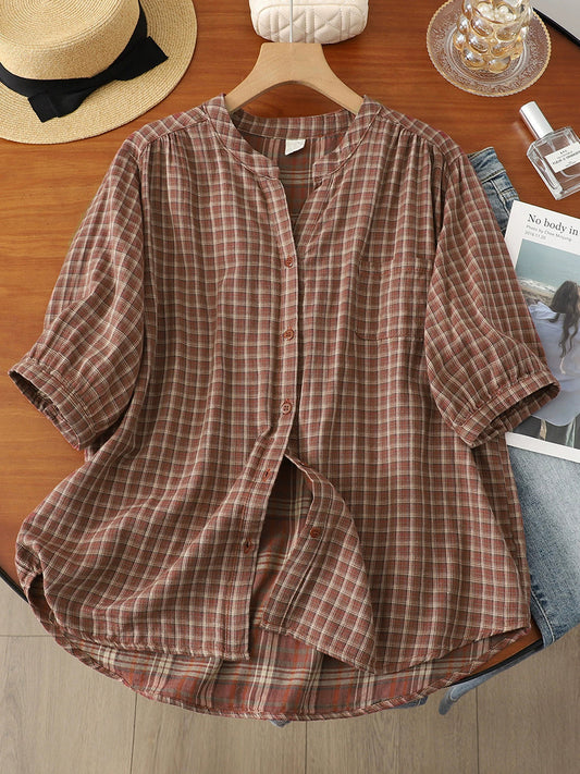 Women Summer Retro Plaid V-Neck 100%Cotton Shirt