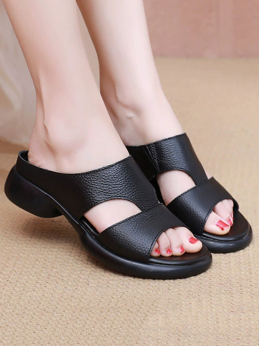 Women Summer Genuine Leather Low Heel Slippers