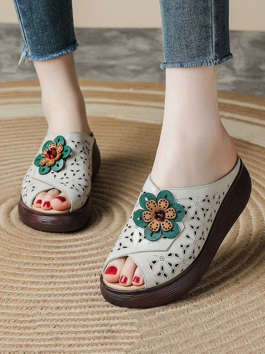 Women Summer Genuine Leather Flower Platform Slippers