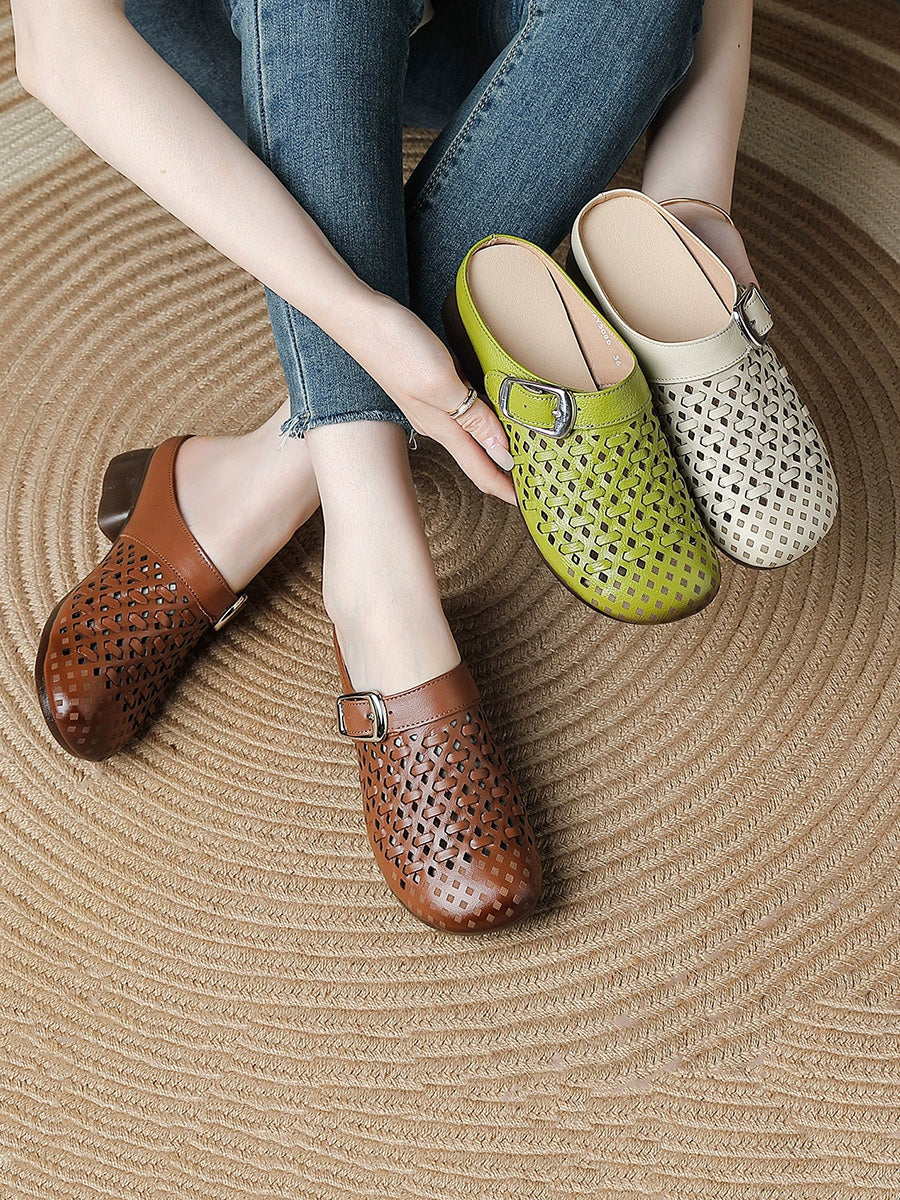 Women Summer Genuine Leather Weave Slippers