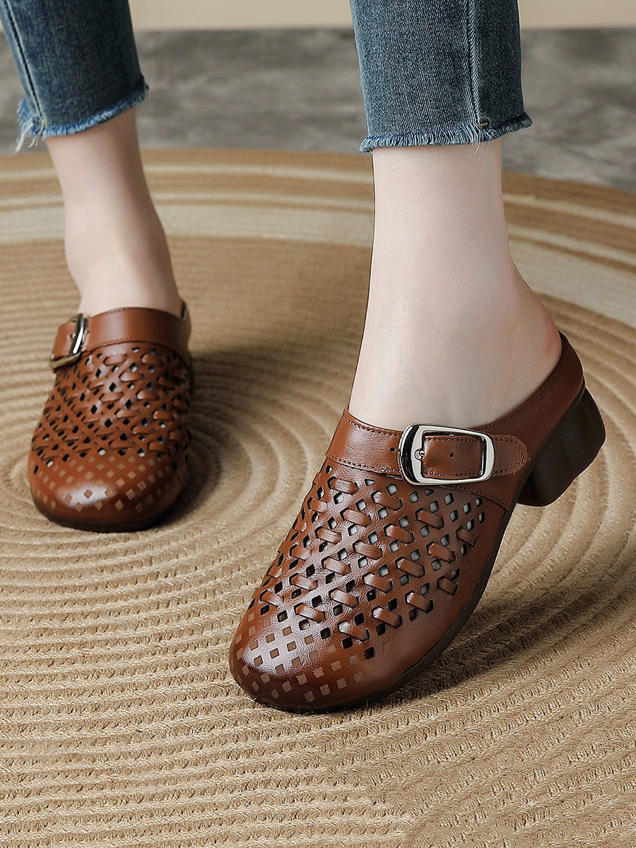 Women Summer Genuine Leather Weave Slippers