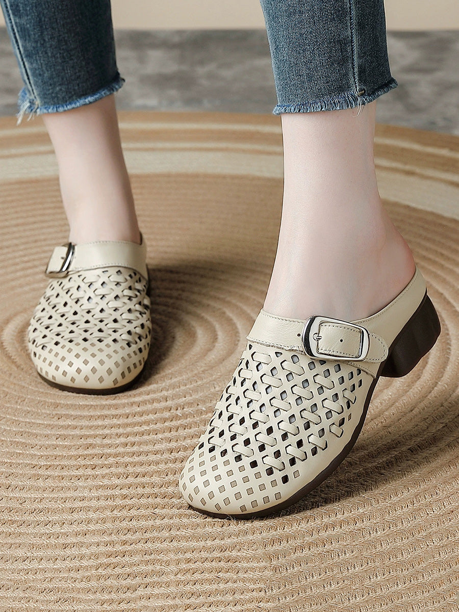 Women Summer Genuine Leather Weave Slippers