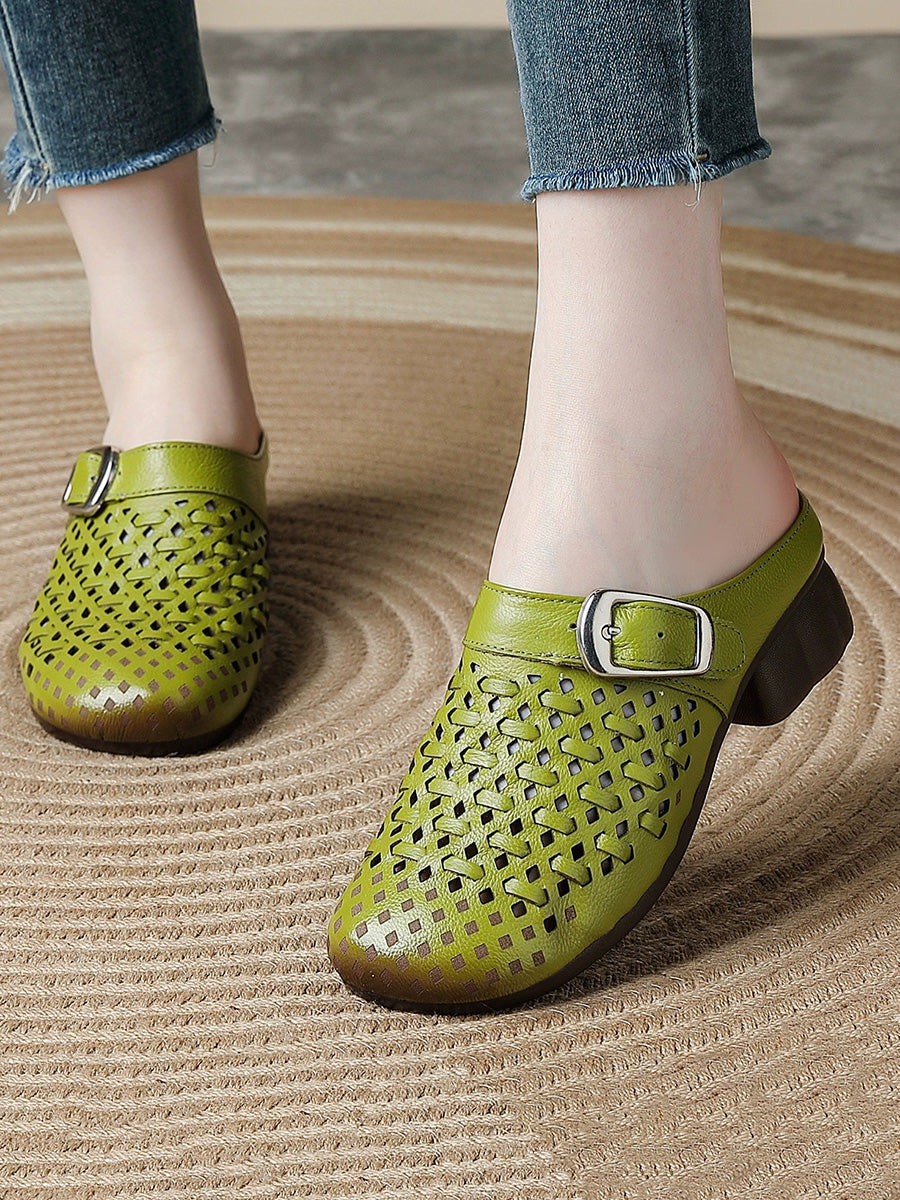 Women Summer Genuine Leather Weave Slippers