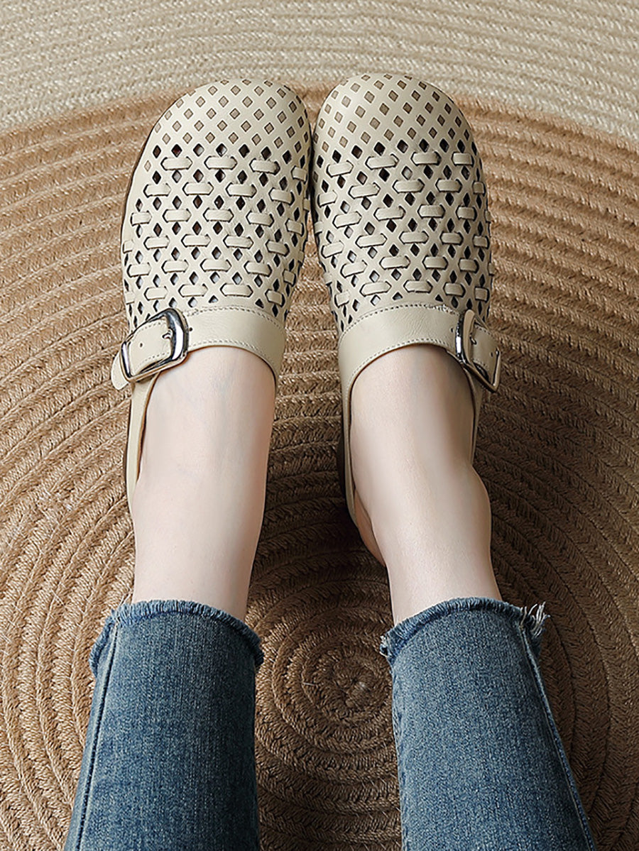 Women Summer Genuine Leather Weave Slippers