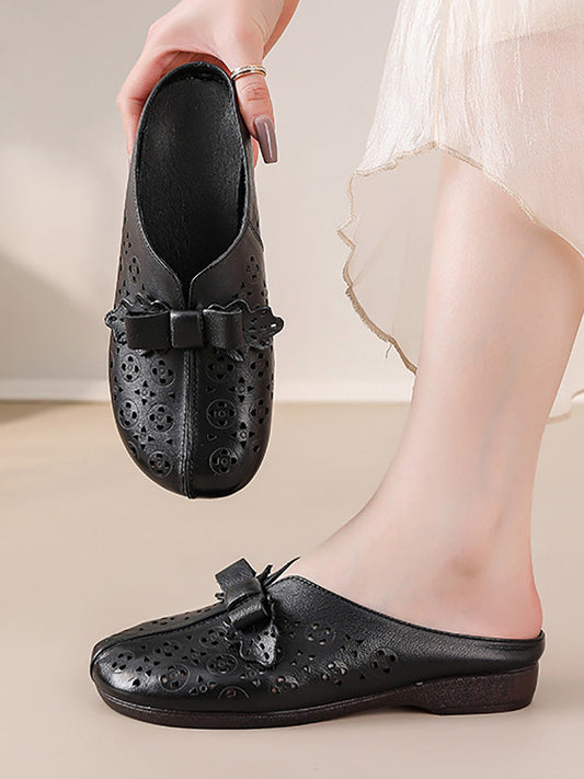 Women Retro Genuine Leather Hole Low Heel Slippers