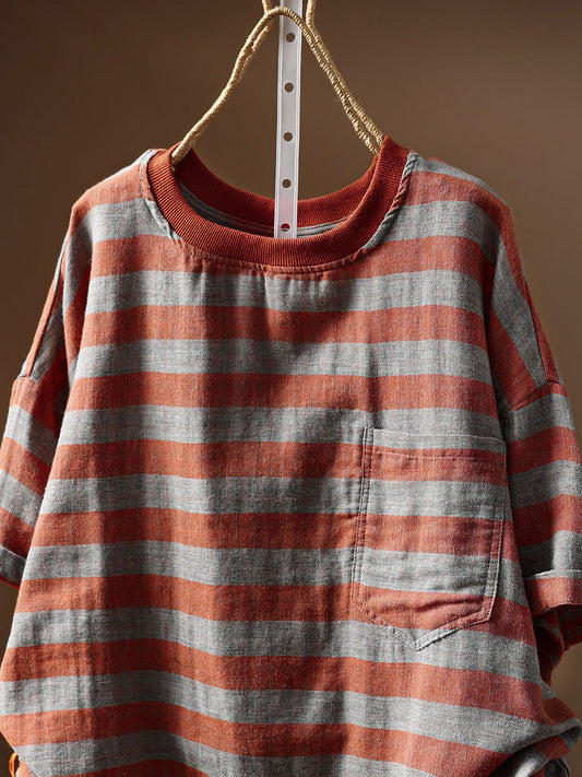 Plus Size Women Summer Casual Stripe O-Neck 100%Cotton T-Shirt