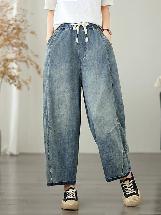 Women Summer Retro Pure Color Harem Jeans