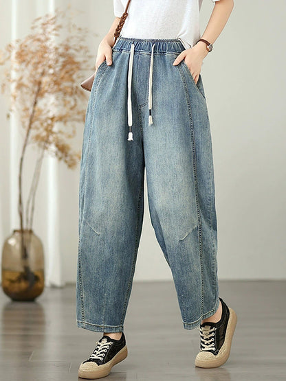 Women Summer Retro Pure Color Harem Jeans