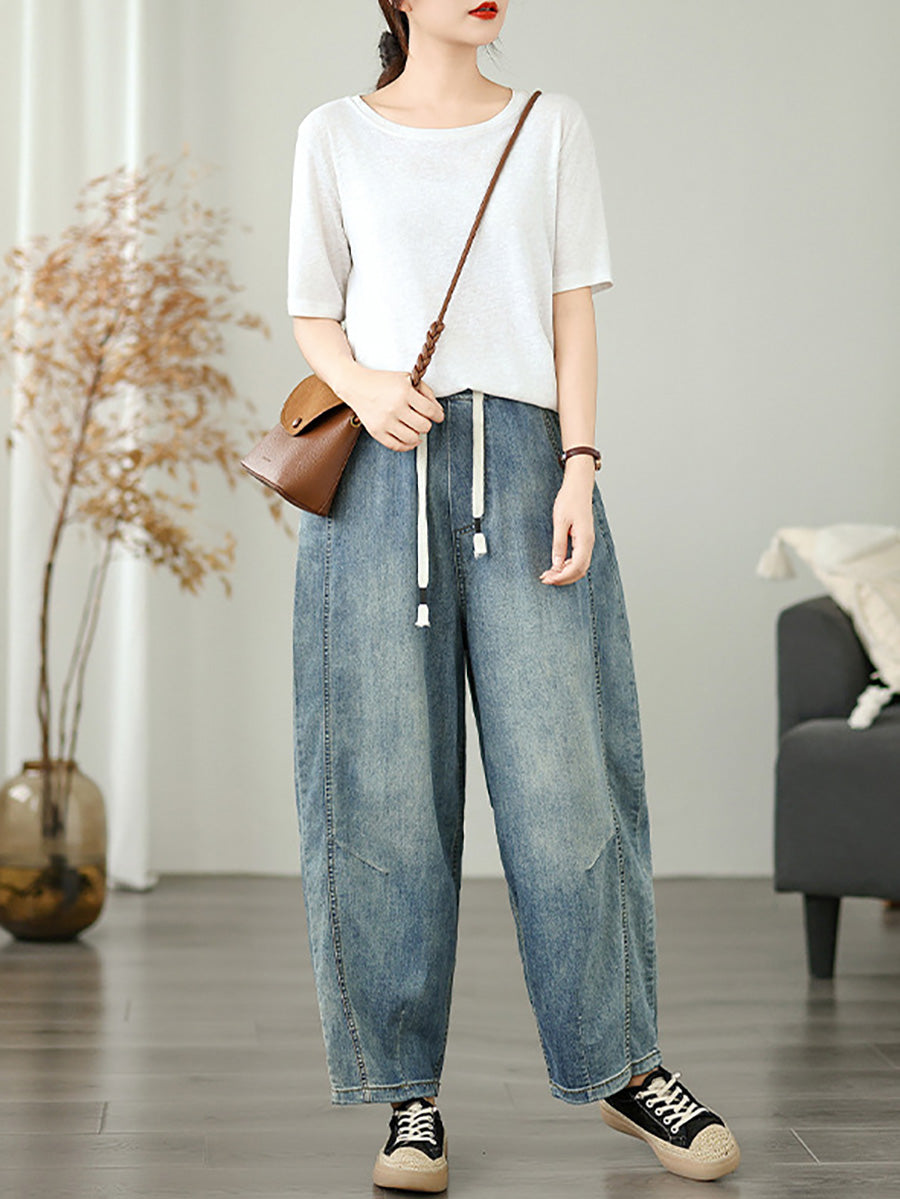 Women Summer Retro Pure Color Harem Jeans