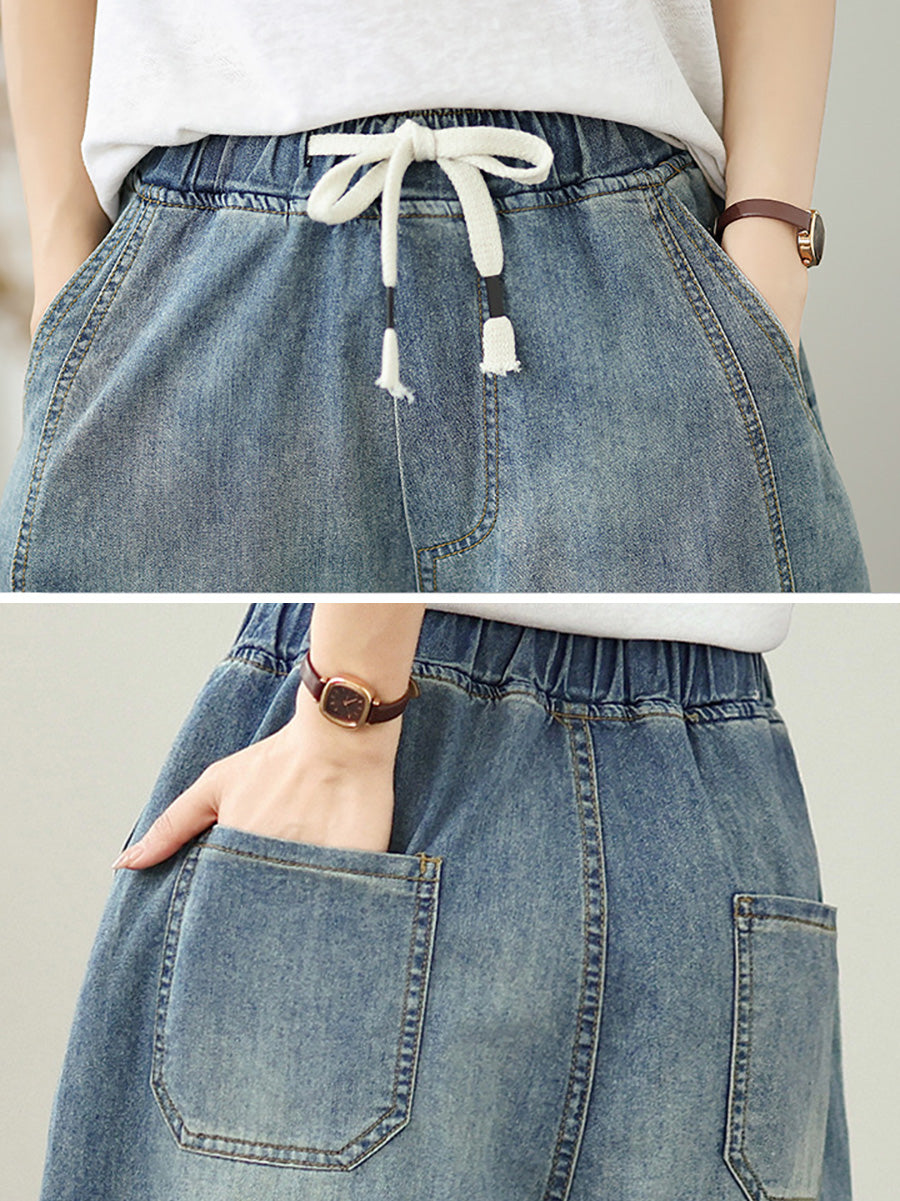 Women Summer Retro Pure Color Harem Jeans