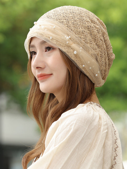 Women Summer Mesh Pearl Slouchy Beanie