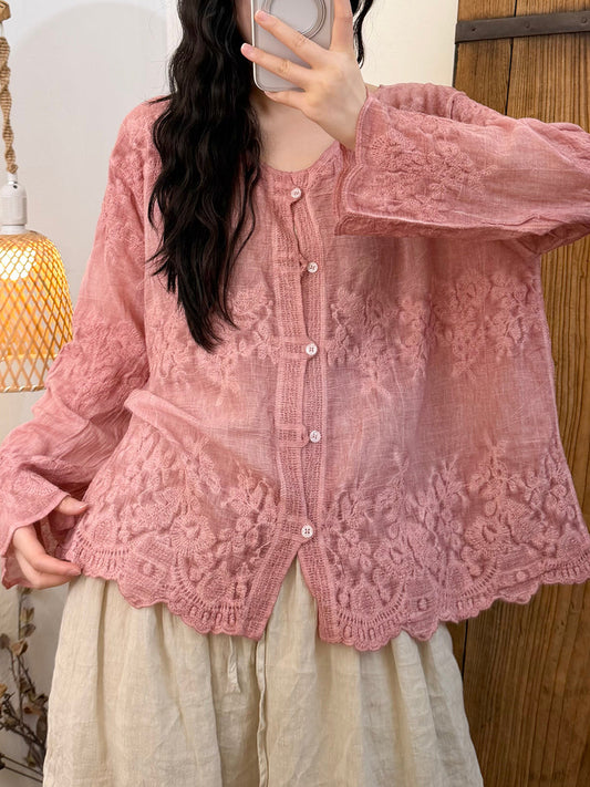 Women Summer Retro Embroidery O-Neck Blouse
