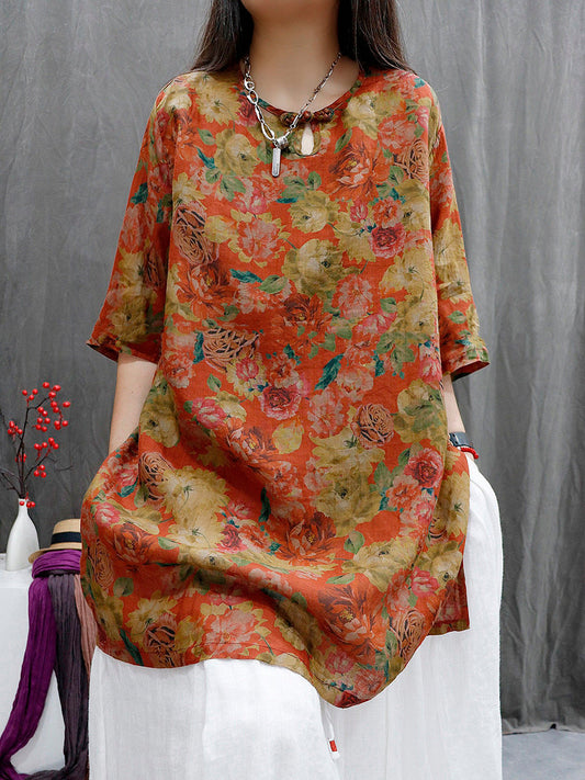 Women Summer Floral Vintage Three-Quarter Sleeve Linen Blouse