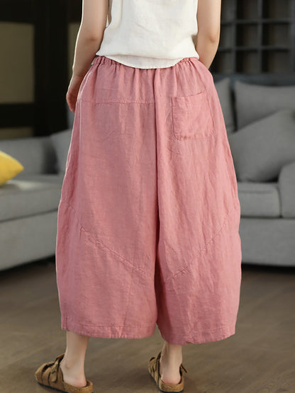 Women Summer Retro Pure Color 100%Linen Wide-leg Pants