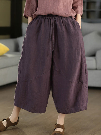 Women Summer Retro Pure Color 100%Linen Wide-leg Pants