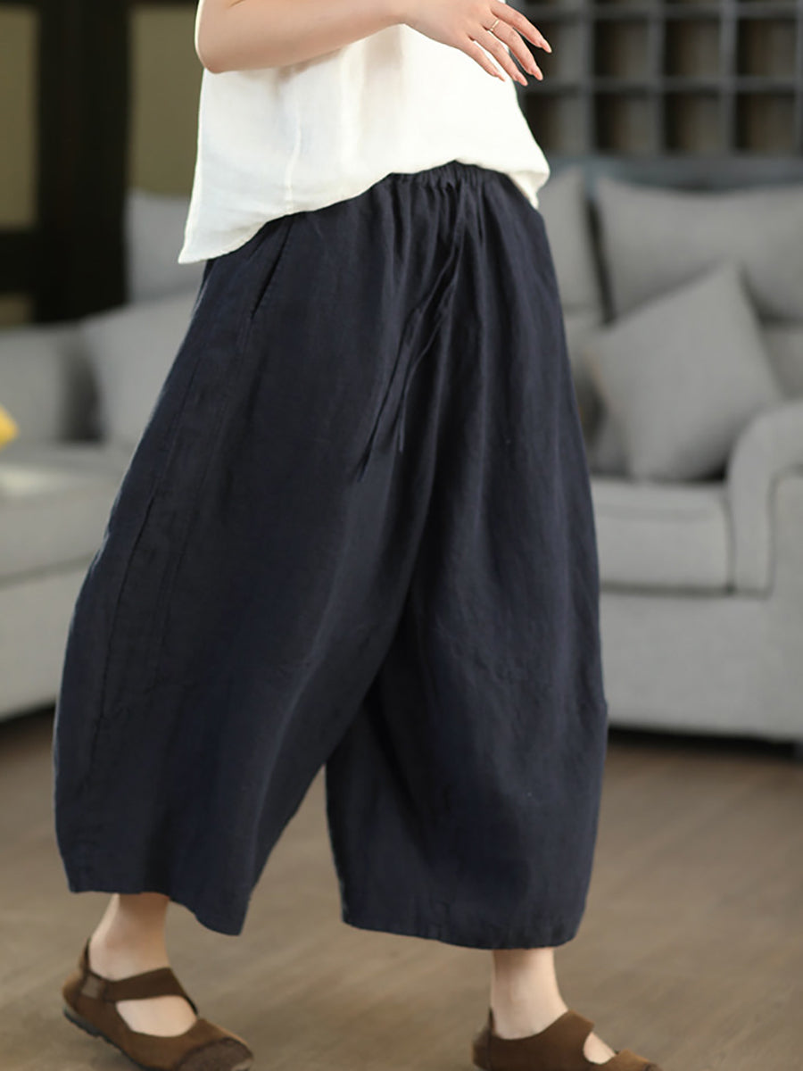 Women Summer Retro Pure Color 100%Linen Wide-leg Pants