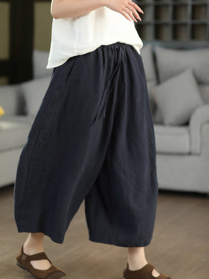 Women Summer Retro Pure Color 100%Linen Wide-leg Pants