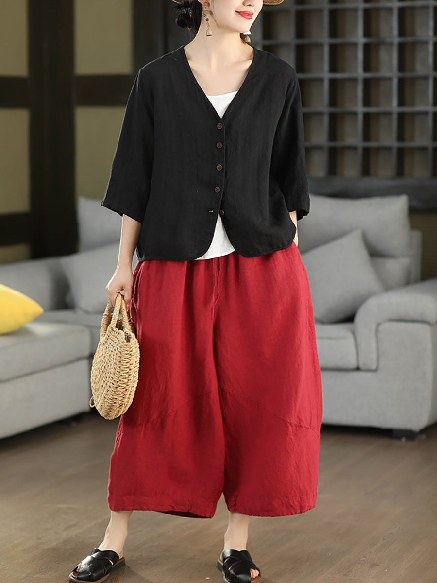 Women Summer Retro Pure Color 100%Linen Wide-leg Pants