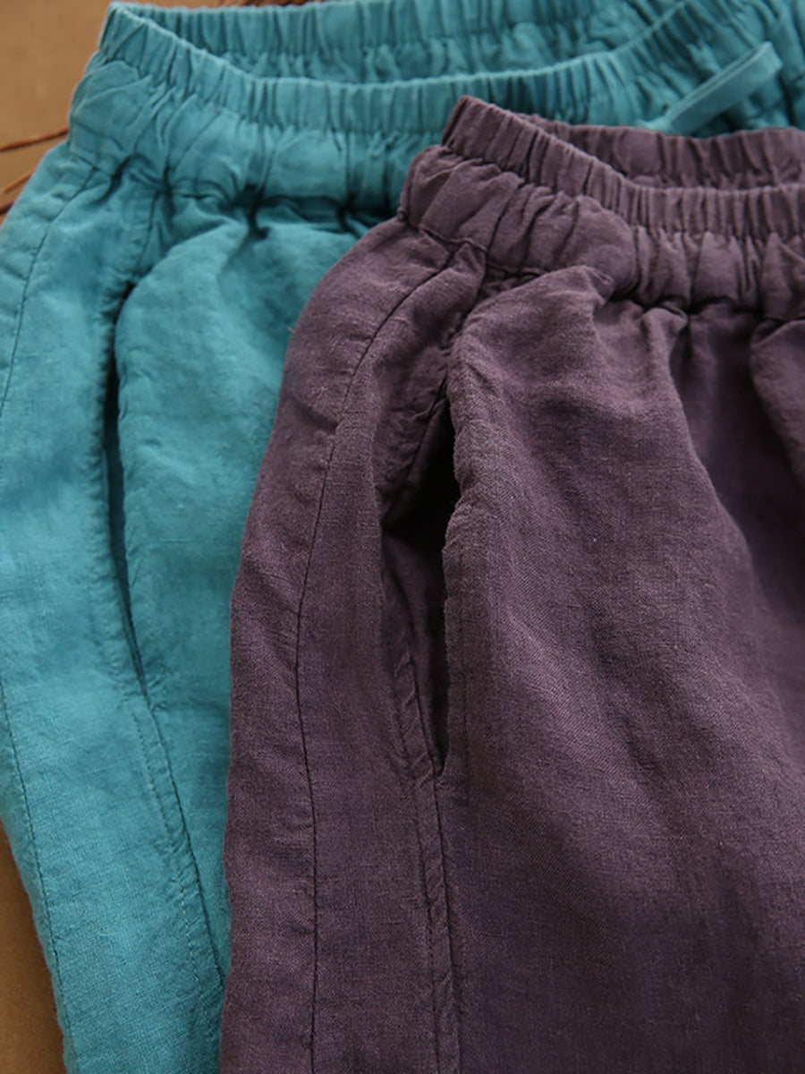 Women Summer Retro Pure Color 100%Linen Wide-leg Pants