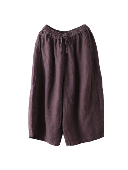 Women Summer Retro Pure Color 100%Linen Wide-leg Pants