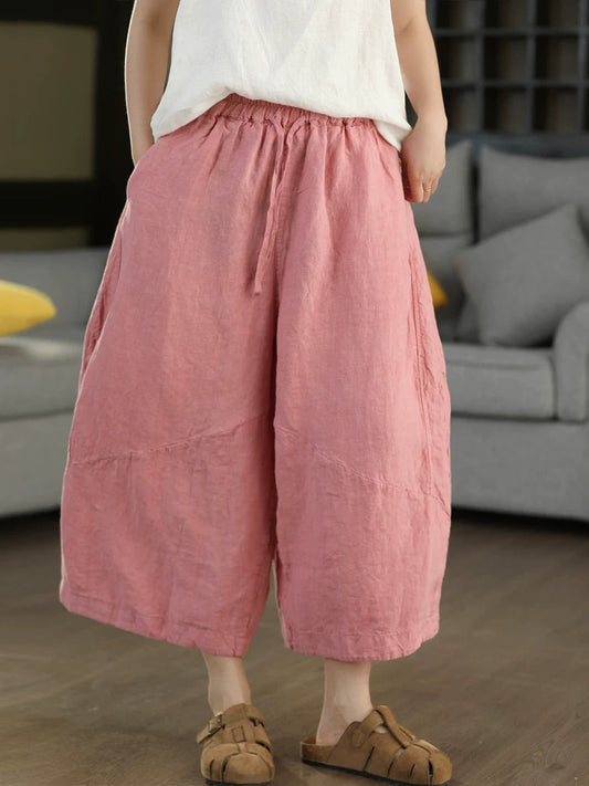 Women Summer Retro Pure Color 100%Linen Wide-leg Pants