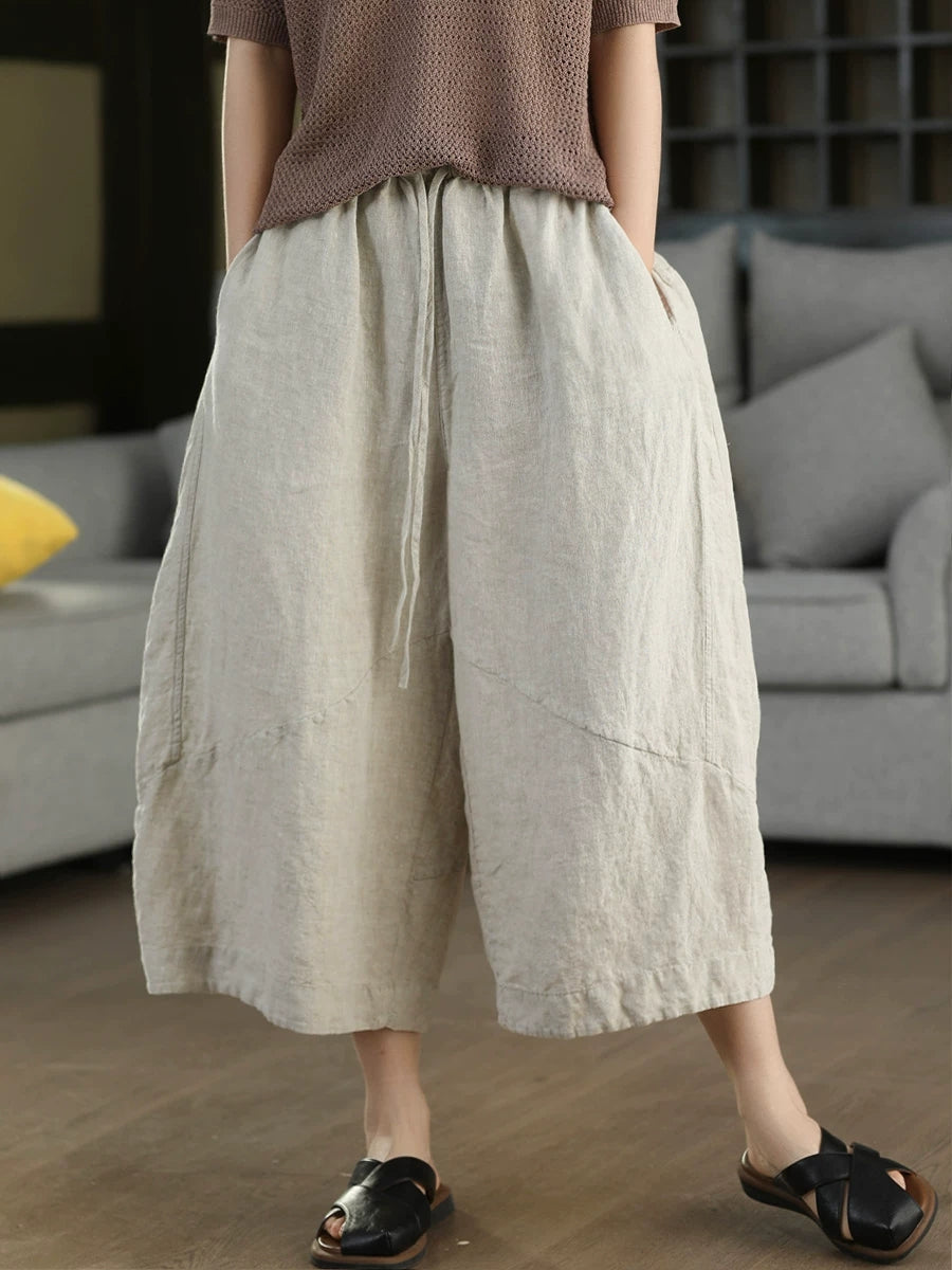 Women Summer Retro Pure Color 100%Linen Wide-leg Pants