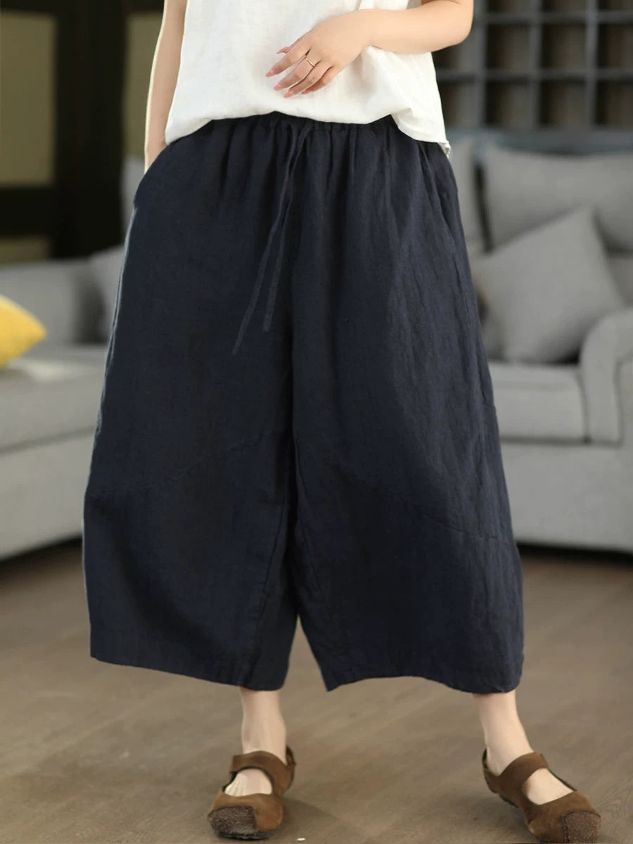 Women Summer Retro Pure Color 100%Linen Wide-leg Pants