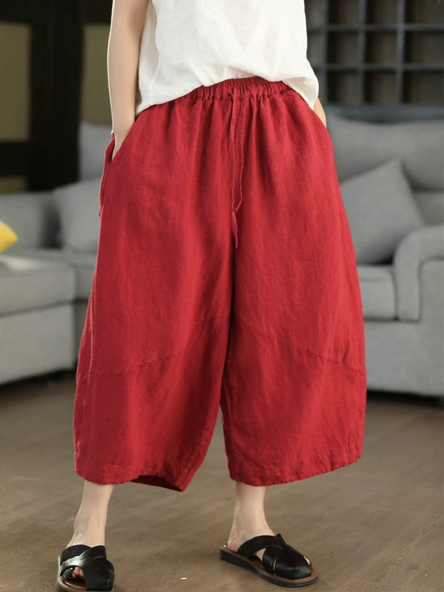 Women Summer Retro Pure Color 100%Linen Wide-leg Pants