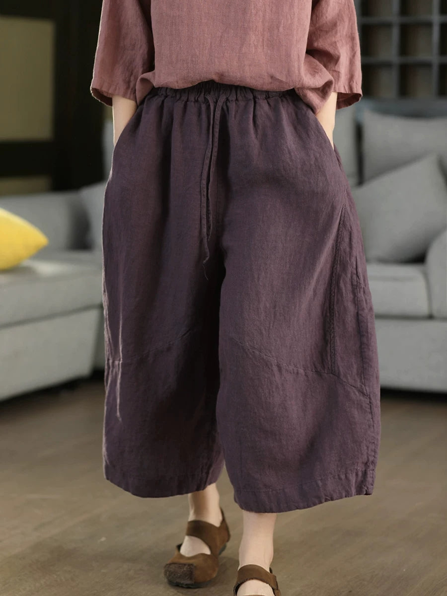 Women Summer Retro Pure Color 100%Linen Wide-leg Pants