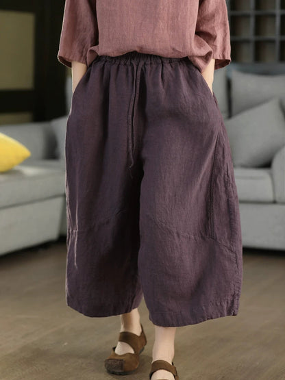 Women Summer Retro Pure Color 100%Linen Wide-leg Pants