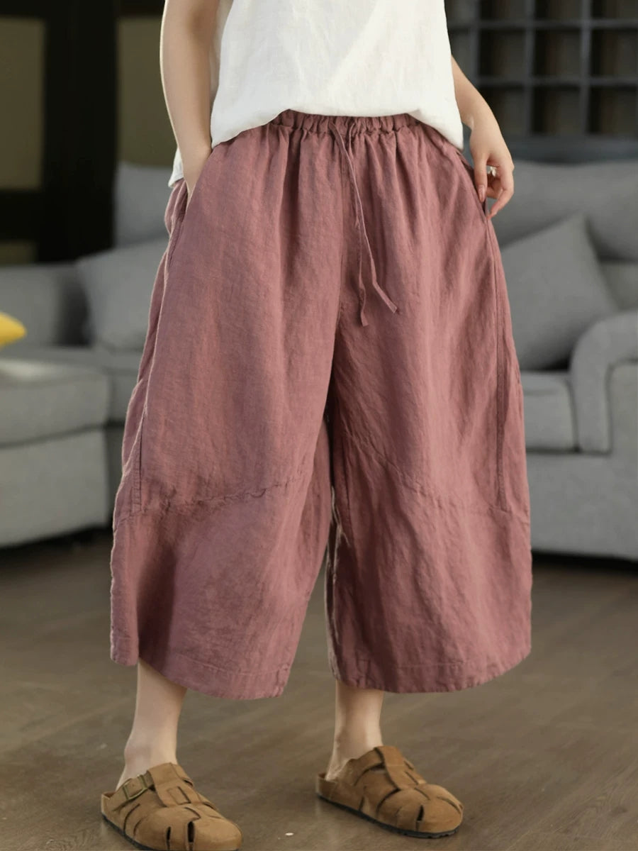 Women Summer Retro Pure Color 100%Linen Wide-leg Pants