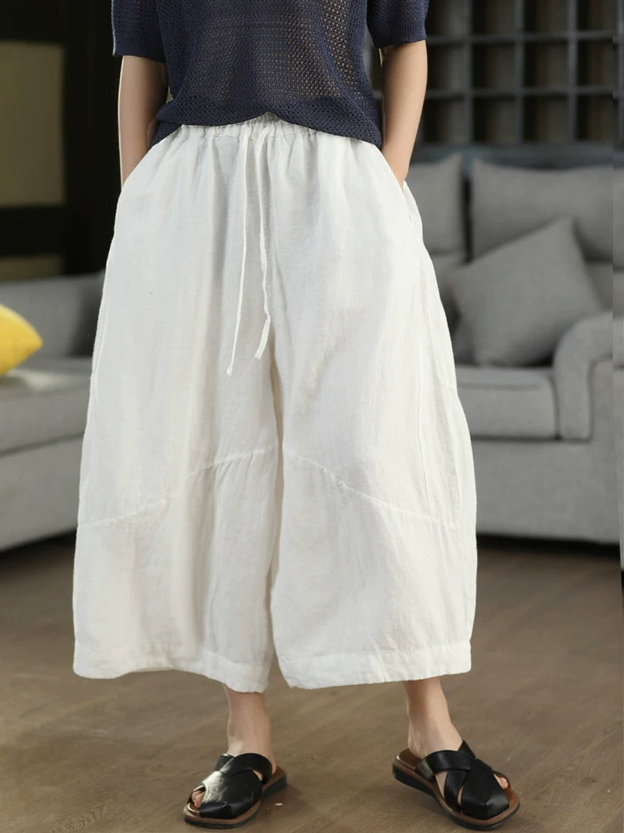Women Summer Retro Pure Color 100%Linen Wide-leg Pants