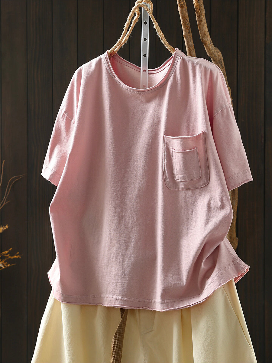 Women Summer Casual Pure Color O-Neck Cotton T-Shirt