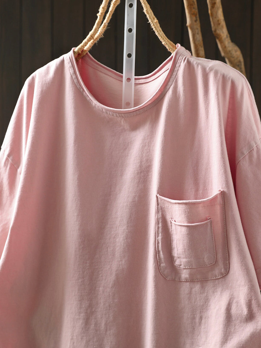 Women Summer Casual Pure Color O-Neck Cotton T-Shirt