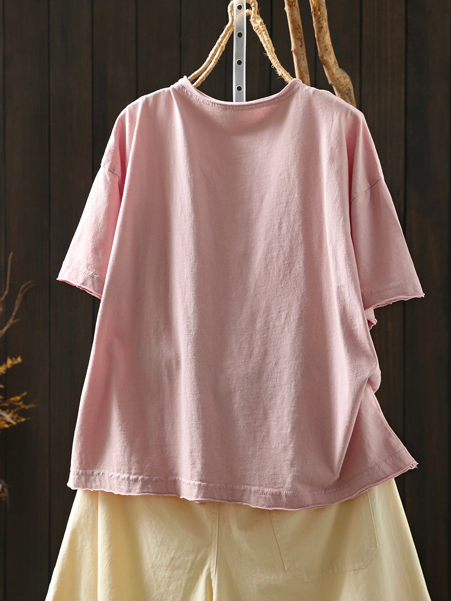 Women Summer Casual Pure Color O-Neck Cotton T-Shirt