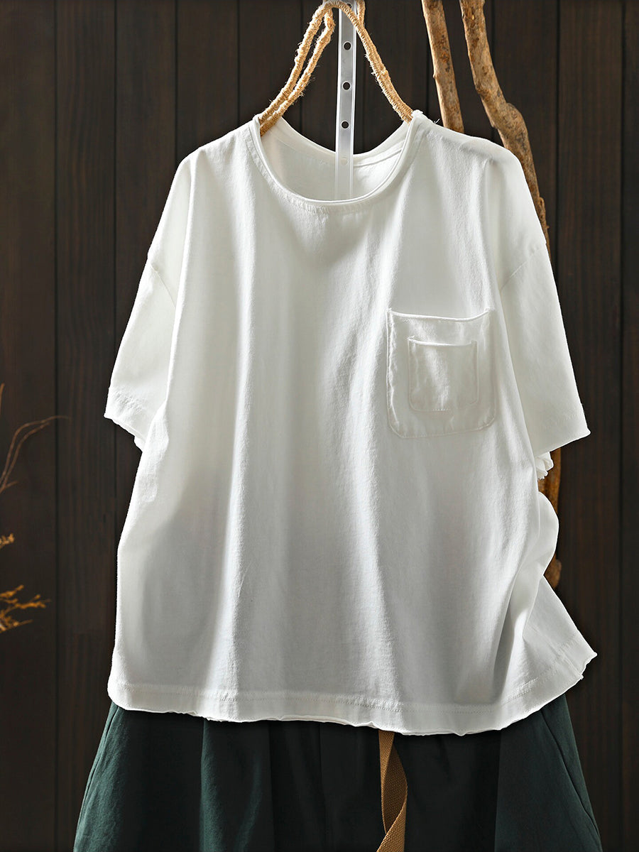 Women Summer Casual Pure Color O-Neck Cotton T-Shirt