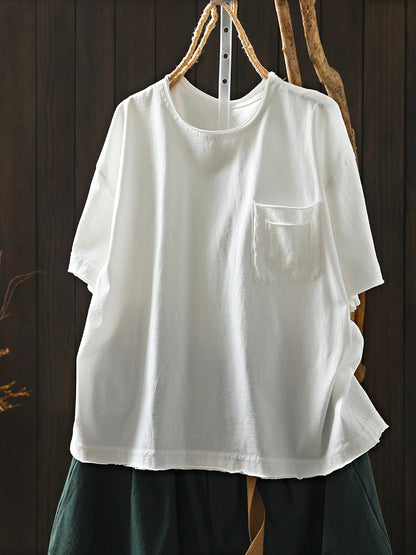 Women Summer Casual Pure Color O-Neck Cotton T-Shirt