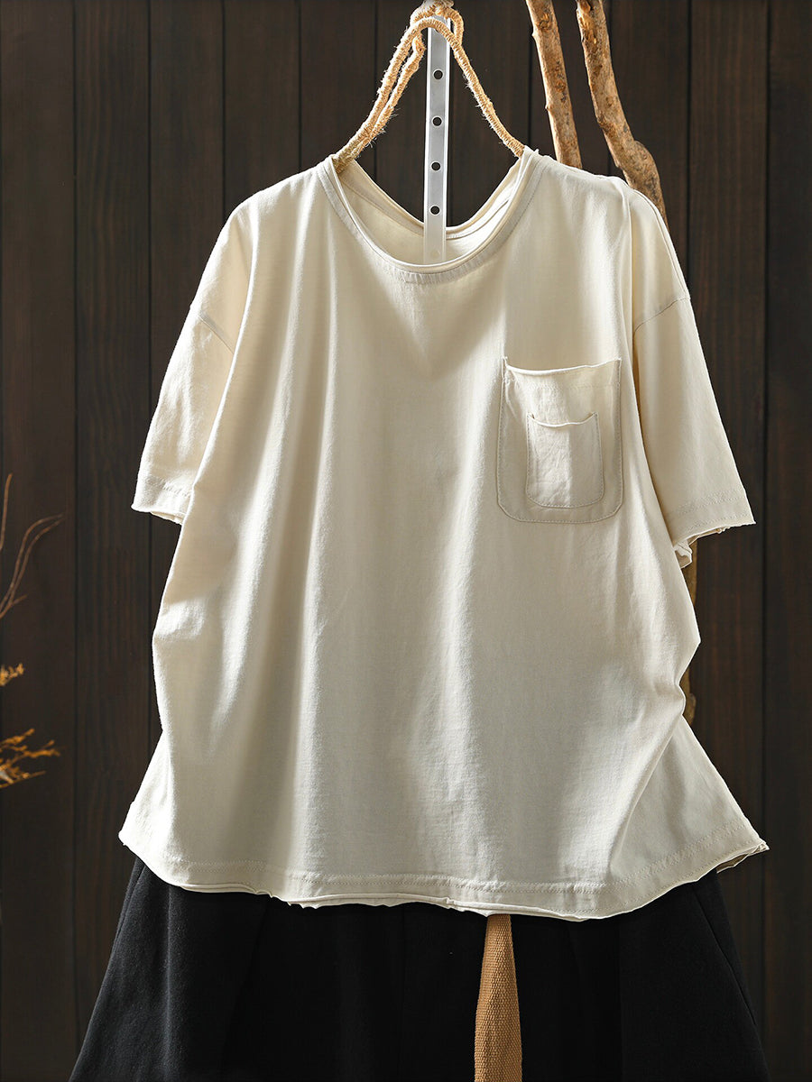 Women Summer Casual Pure Color O-Neck Cotton T-Shirt