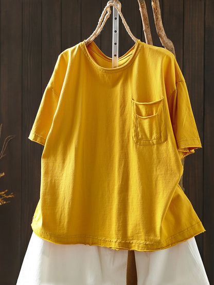 Women Summer Casual Pure Color O-Neck Cotton T-Shirt