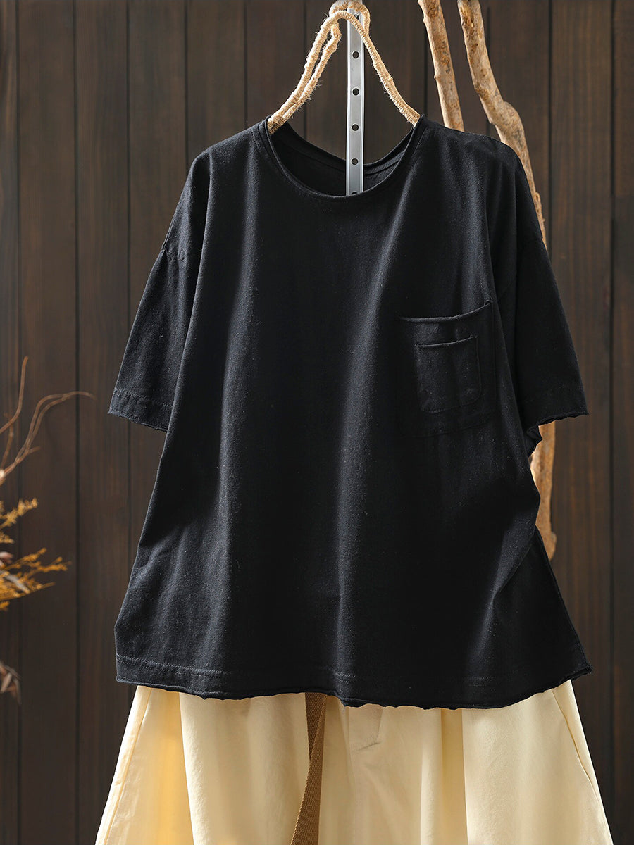 Women Summer Casual Pure Color O-Neck Cotton T-Shirt