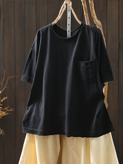 Women Summer Casual Pure Color O-Neck Cotton T-Shirt