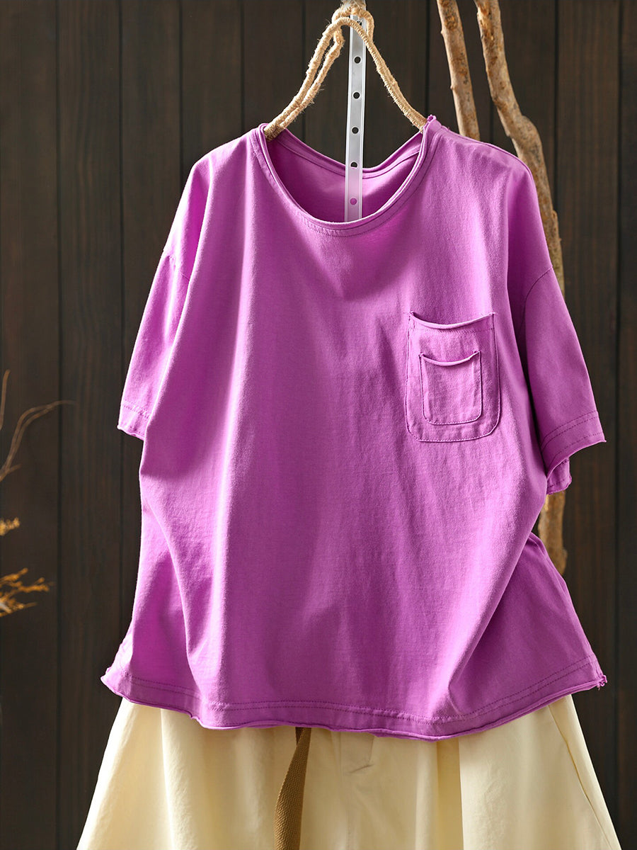 Women Summer Casual Pure Color O-Neck Cotton T-Shirt