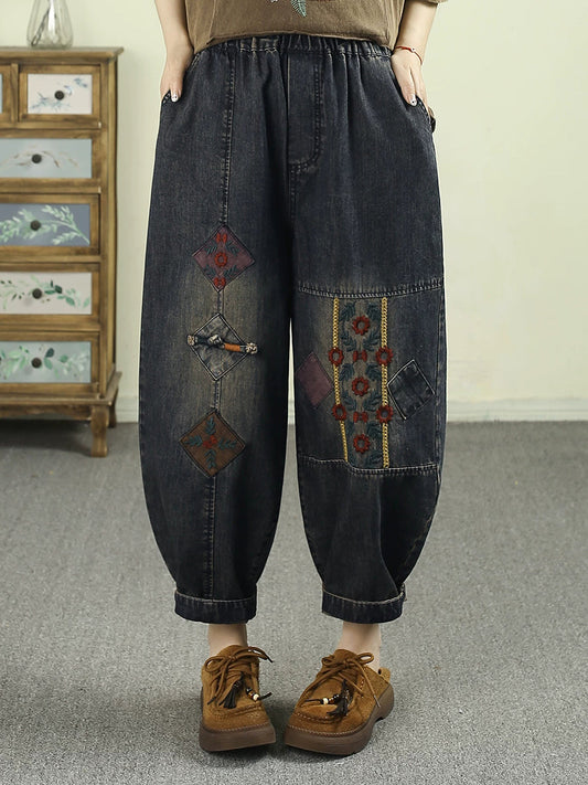 Women Summer Retro Embroidery Harem Jeans