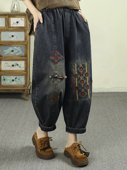 Women Summer Retro Embroidery Harem Jeans