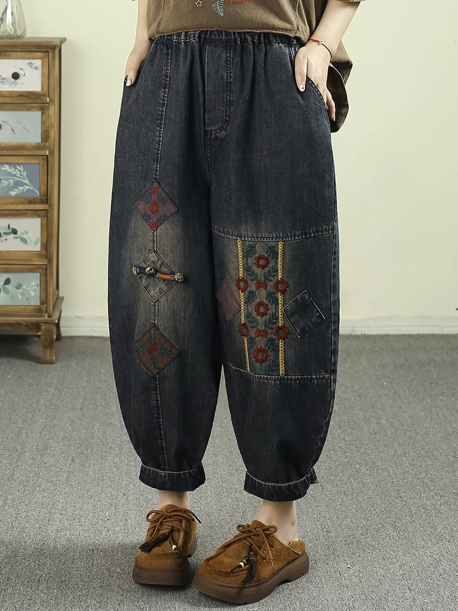 Women Summer Retro Embroidery Harem Jeans