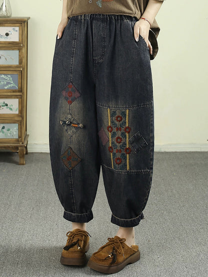 Women Summer Retro Embroidery Harem Jeans