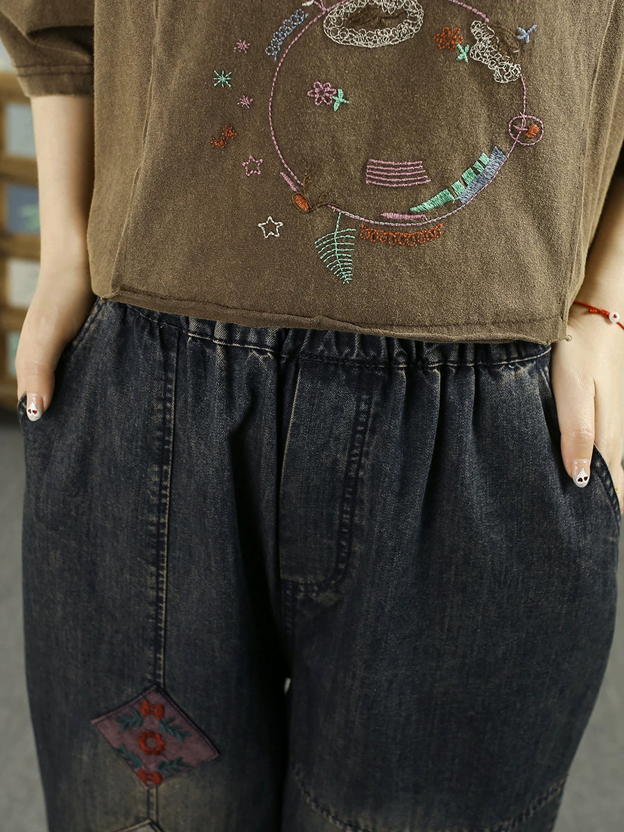 Women Summer Retro Embroidery Harem Jeans