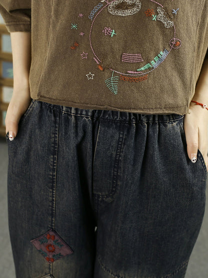 Women Summer Retro Embroidery Harem Jeans